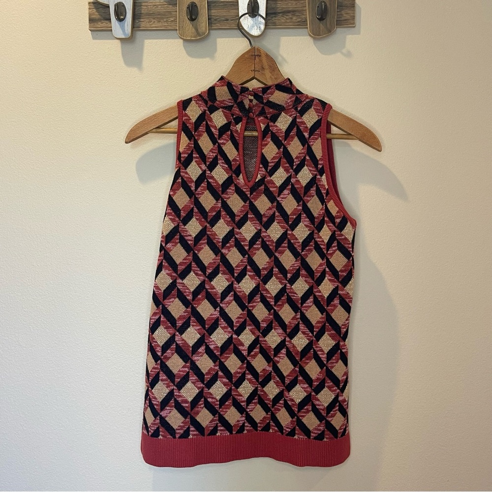 Inc Red/Gold/Black Geometric Patterned Turtle Neck Sleeveless Top Size M - Picture 3 of 7